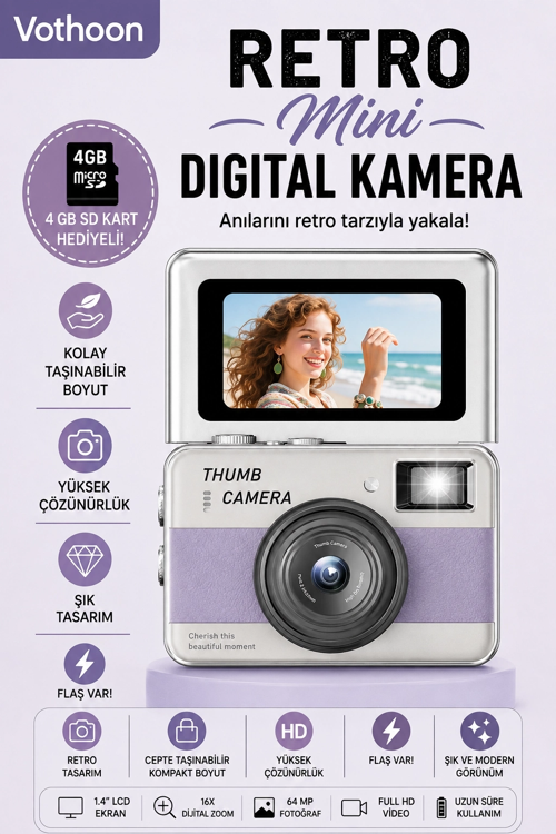 zeyta12 Retro Mini Dijital Kamera 1080p 1.47 İnç Flip Ekranlı Flaşlı Selfie Vlog Kamerası 4gb