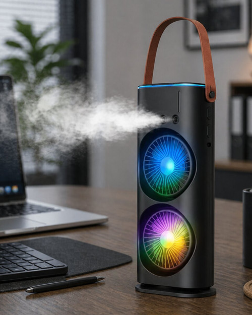 Çift Başlıklı Taşınabilir Fan RGB Işıklı Sprey Nemlendiricili Masaüstü Se - TEOLSA6816-2