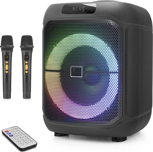 Çift Karaoke Mikrofonlu Bluetooth Hoparlör Fm Radyo 20W 8 İnç Rgb Kumandalı Siyah NDR1745