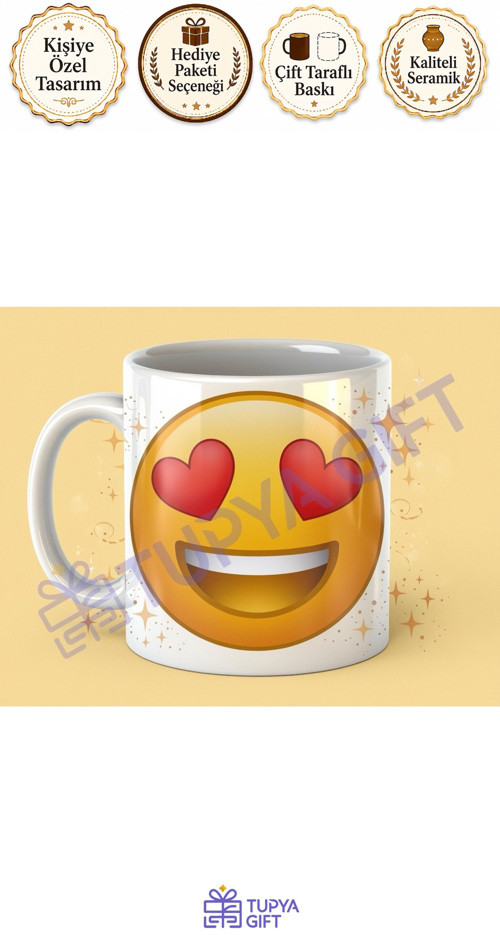 Kalp Gözlü Emoji Temalı Kupa – Sevgiyle Gülümseyin