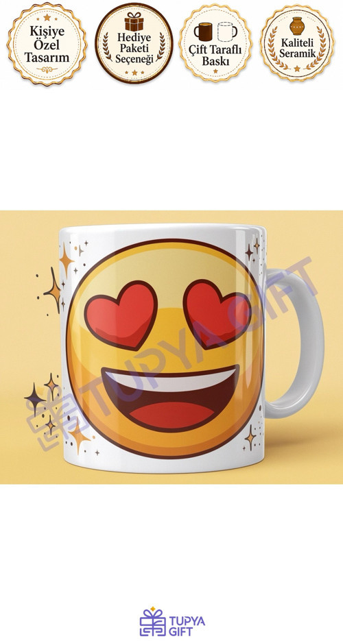 Kalp Gözlü Emoji Tasarımlı Eğlenceli Kupa - Renkli ve Şık Hediye Seçeneği