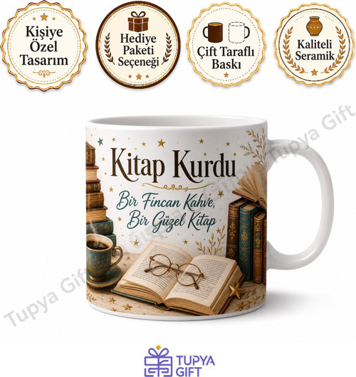 Kitap Kurdu Okuma Temalı Kişiye Özel Baskılı Kupa Bardak Hediye
