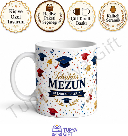 Mezuniyete Özel Tebrik Temalı Baskılı Seramik Kupa Bardak Hediye