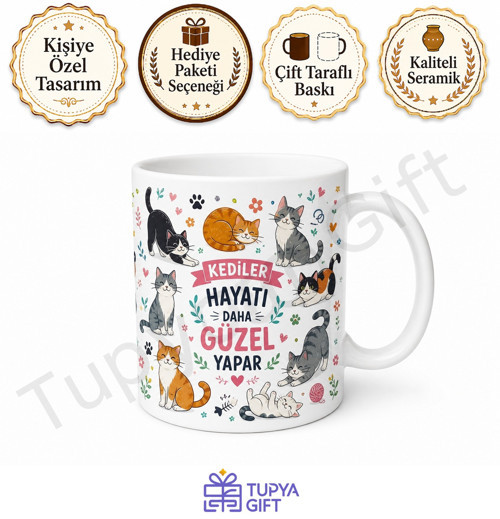 Kedili Tasarım Baskılı Kupa Bardak Kedi Severler İçin Hediye Porselen Mug