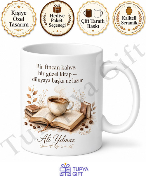 Kitap ve Kahve Temalı Baskılı Kupa Bardak Hediye Okuyuculara Özel Tasarım
