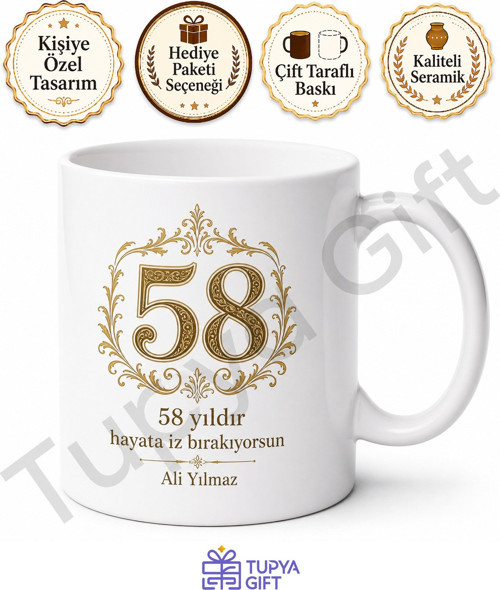 Klasik Tasarımlı 58 Yaş Doğum Günü Hediyesi Kupa Bardak Özel Baskılı
