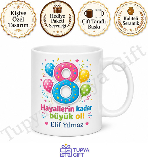 Kişiye Özel 8 Yaş Doğum Günü Hediyesi Baskılı Kupa Bardak Yaş Tasarım