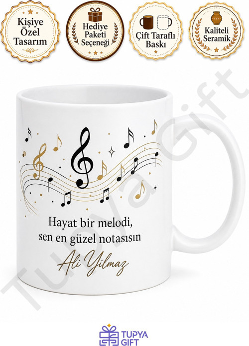 Nota Temalı Baskılı Kupa Bardak Müzik Severlere Özel Tasarım Hediye