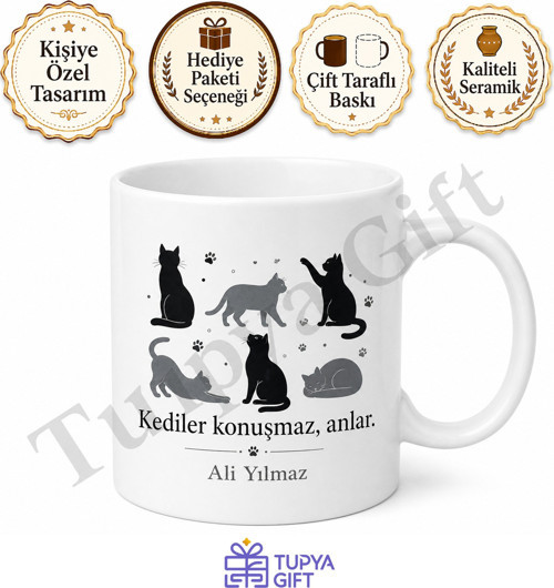 Kedili Kupa Bardak Baskılı Kedi Severler İçin Hediye Porselen Mug