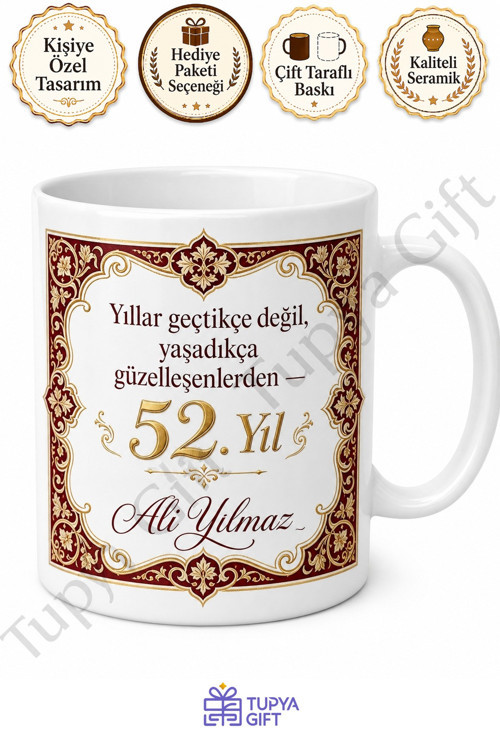 Geleneksel Tasarımlı 52 Yaş Doğum Günü Hediyesi Çay Kupası Porselen Bardak