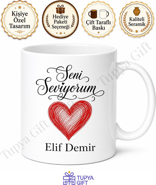 Seni Seviyorum Yazılı Kişiye Özel Baskılı Kupa Bardak Sevgiliye Hediye