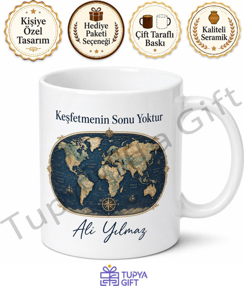 Harita Temalı Baskılı Kupa Bardak Hediye Dünya Haritası Desenli Porselen Mug