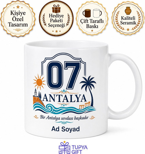 Antalya Plakalı Kişiye Özel Baskılı Kupa Bardak Hediye 07 Plaka