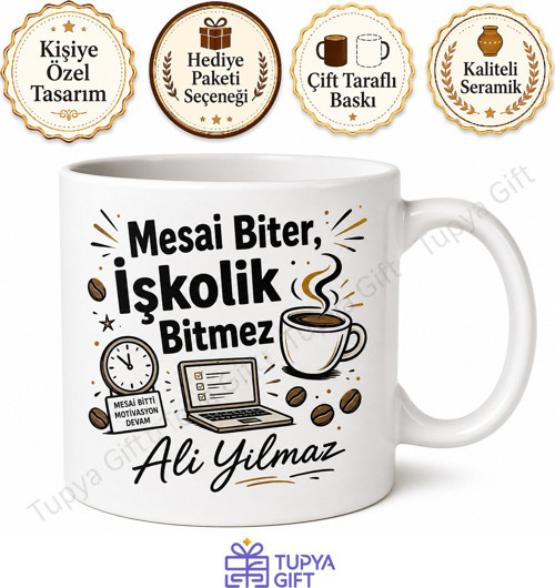 İşkolik Yazılı Komik Baskılı Kupa Bardak Esprili Ofis Hediye