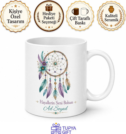 Rüya Kapanı Desenli Baskılı Kupa Bardak Hediye Özel Tasarım Porselen Mug