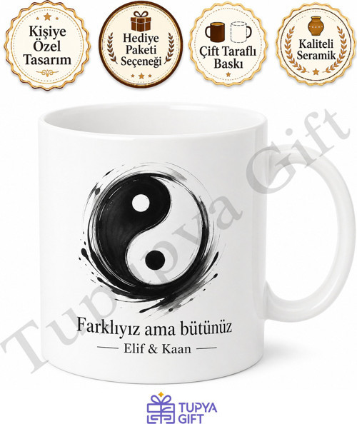 Yin Yang Temalı Kupa Seti Baskılı Porselen Bardak Hediye