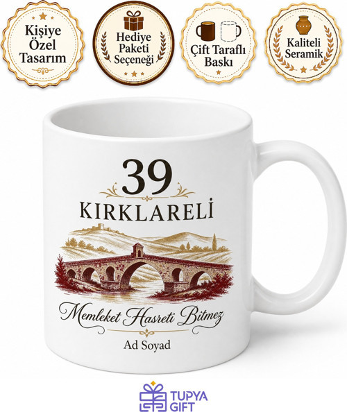 Kırklareli Plakalı Memleket Kupa Bardak - 39 Plaka Hemşehri Hediye