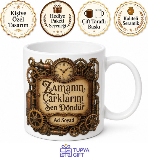 Steampunk Dişliler Çarklar Çizimli Alternatif Tarih Mekanik Kupa Bardak Hediye