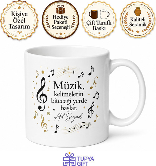 Müzik Öğretmenine Hediye Notalı Şık Tasarım Çay Kupası Porselen Bardak
