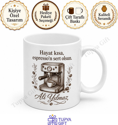Espresso Temalı Kişiye Özel Baskılı Porselen Kupa Bardak Hediye