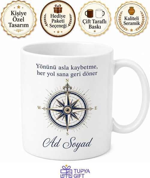 Pusula Gülü Çizimli Yönünü Kaybetmeyen Rehber Kupa Bardak Hediye
