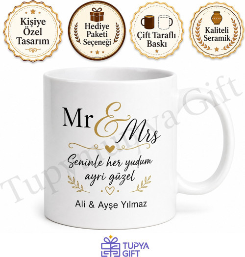 Mr & Mrs Yazılı Kupa Bardak Sevgiliye Hediye Özel Tasarım Baskılı Kupa