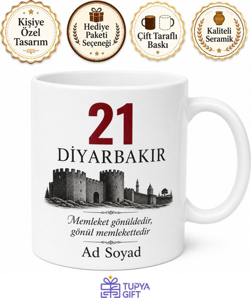 Diyarbakır Plaka ve İsim Baskılı Kupa Bardak - 21 Plaka Özel Tasarım Hediye