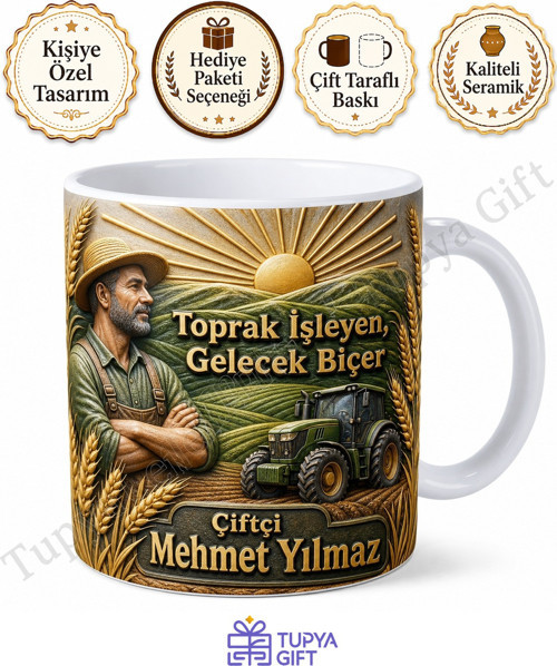 Çiftçiye Hediye Kişiye Özel Baskılı Kupa Bardak Çiftçi Hediyesi