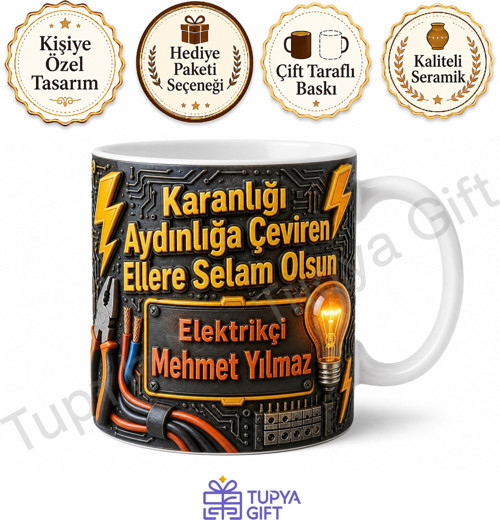 Elektrikçiye Hediye İsimli Baskılı Kupa Bardak Özel Tasarım Elektrik Ustası