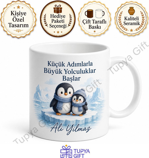 Penguen Temalı Baskılı Kupa Bardak Hediye Sevimli Penguen Desenli Porselen Mug