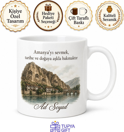 Amasyalı Hemşehriye Özel İsimli Baskılı Kupa Bardak Amasya Hediye