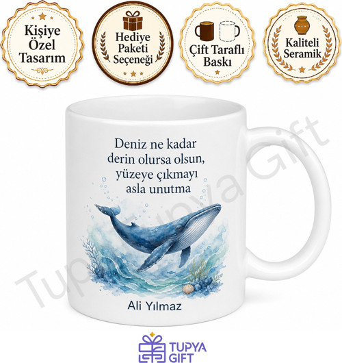 Balina Temalı Deniz Sever Baskılı Kupa Bardak Hediye Porselen Mug