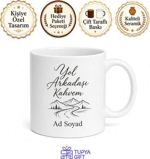Yol Arkadaşı Kahvem Yazılı Baskılı Kupa Bardak Hediye Porselen Mug