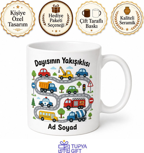 Dayısının Yakışıklısına Arabalar Yollar Çizimli Erkek Yeğen Hediye Çay Seramik Kupa Bardak