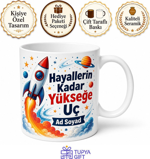 İsimli Roket Desenli Baskılı Kupa Bardak Hediye Uzay Temalı Özel Tasarım