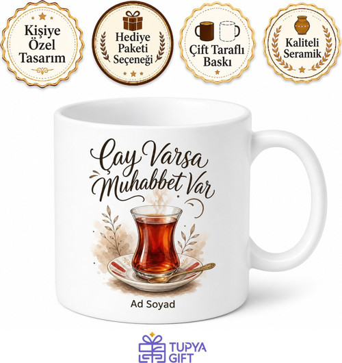Çay Muhabbeti Yazılı Baskılı Kupa Bardak Hediye Özel Tasarım Porselen