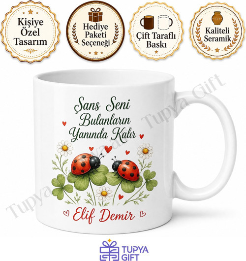 Uğur Böceği Temalı Baskılı Kupa Bardak Hediye Şans Porselen Mug