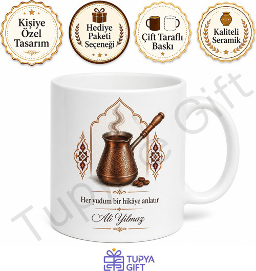 Cezve Temalı Baskılı Kupa Bardak Hediye Kahve Severlere Özel Tasarım