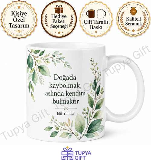 Yaprak Temalı Doğa Sever Baskılı Kupa Bardak Doğa Hediye Porselen Mug