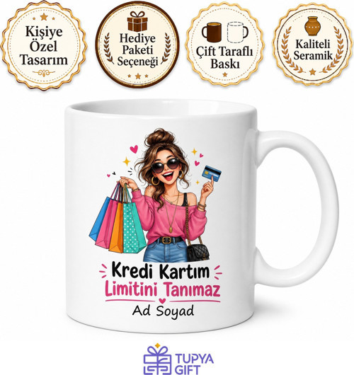 Kredi Kartı Limit Yok Çizimli Alışveriş Kolik Esprili Kadın Kupası Hediye