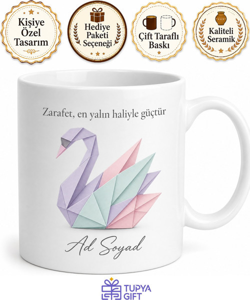 Origami Kuğu Temalı Baskılı Kupa Bardak Hediye Özel Tasarım Porselen