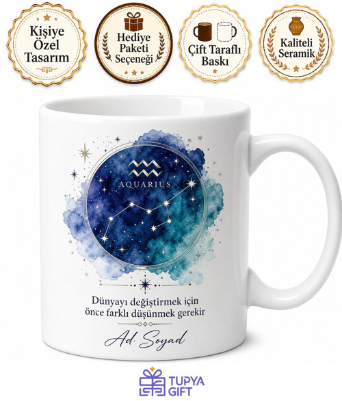 Kova Burcu İsimli Baskılı Kupa Bardak Hediye Astroloji Burç Kupası