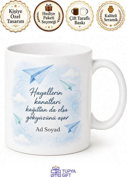 Kağıt Uçak Temalı Baskılı Kupa Bardak Hediye Porselen Mug Özel Tasarım