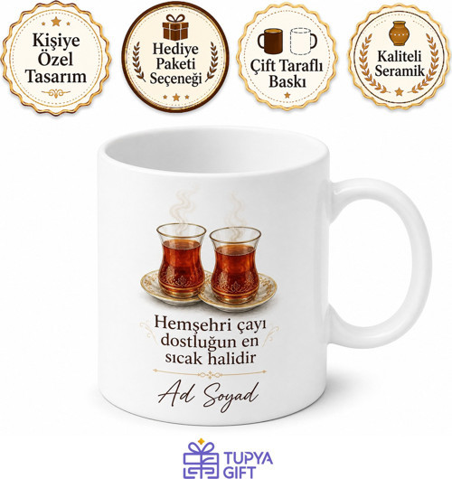 Hemşehri Çayı Temalı Kişiye Özel Kupa Bardak Hediye İsimli Baskılı