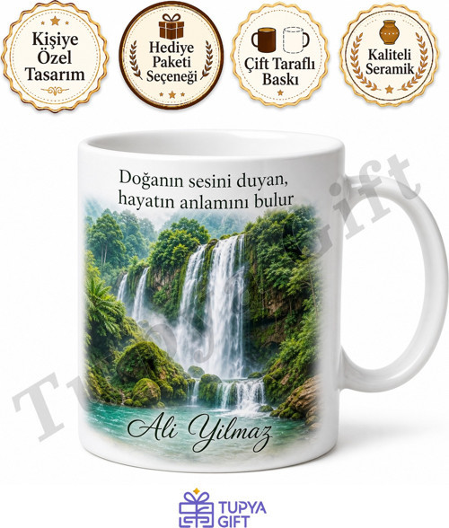 Şelale Temalı Doğa Sever Baskılı Kupa Bardak Doğa Hediye Porselen Mug