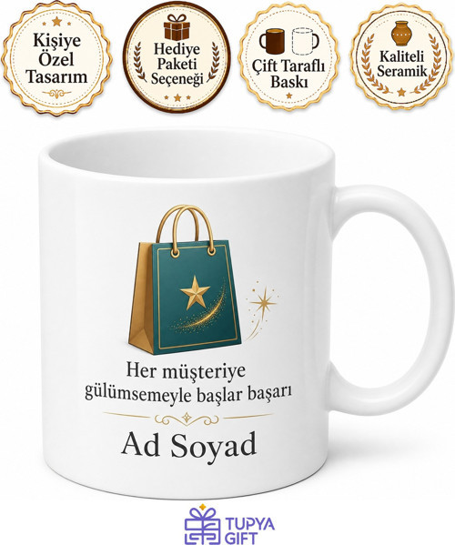 Mağaza Çalışanı İçin Kişiye Özel Mesajlı Baskılı Kupa Bardak Hediye