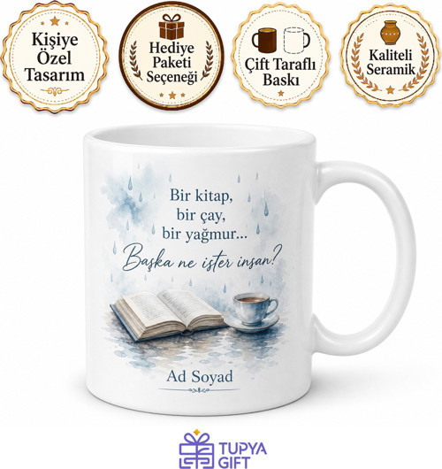 Kitap ve Yağmur Temalı Baskılı Kupa Bardak Hediye Kitapsever Okuyucu