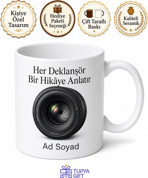 Fotoğrafçıya Hediye Kamera Lens Görünümlü Baskılı Kupa Bardak Özel Tasarım
