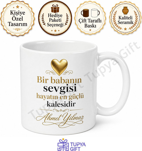 Altın Kalpli Baba Yazılı Özel Kupa Bardak Babalar Günü Hediyesi