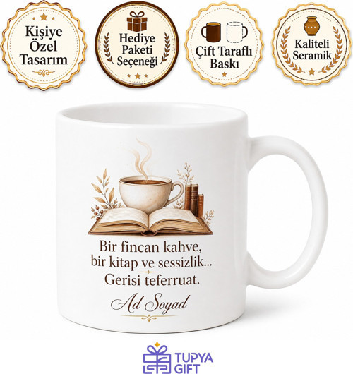 Kitap Kafe Temalı Baskılı Kupa Bardak Hediye Kitap Okuma Severlere Özel Tasarım